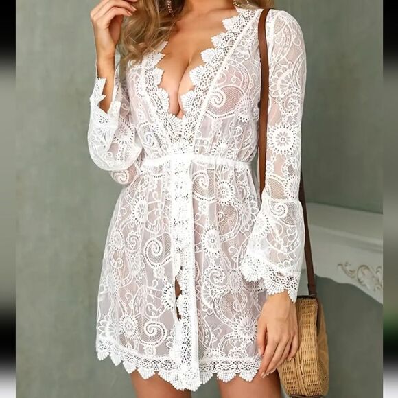 Lace Hollow Crochet Bikini Cover-ups Floral Beach Dress Beachwear Bathing Suit - Picture 9 of 12